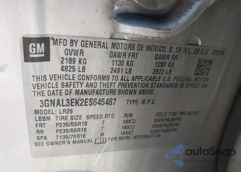 2014 Chevrolet Captiva Sport Lt from USA, damaged, VIN 3GNAL3EK2ES645487